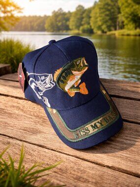 Bass Fishing Embroidered Kiss My Bass Strapback Hat Adult Adjustable Blue NWT